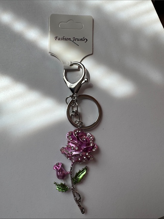 Fashion Jewelry Accessories - Fashion Jewelry Purple Pink Rose Crystal bag charm/Keychain with Green Leaves